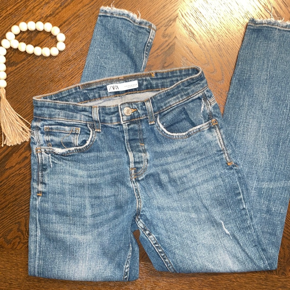 Zara Blue Distressed Denim Skinny Jeans Raw Hem size 30